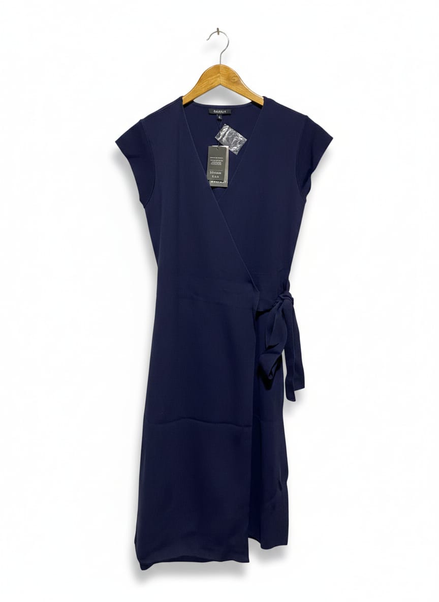 BASQUE |M| BUST 15| CLASSIC NAVY BLUE V-NECK WRAP DRESS WITH SIDE TIE