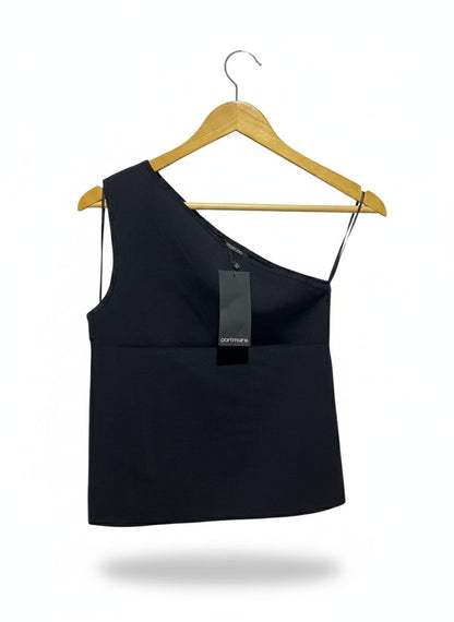 POTMANS |M| BUST 14| BLACK ONE-SHOULDER RIBBED CROP TOP