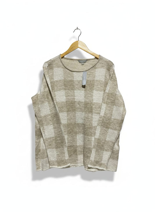 SUZANNEGRAE |XL| BUST 28| TAN AND WHITE GINGHAM ROUND NECK SWEATER