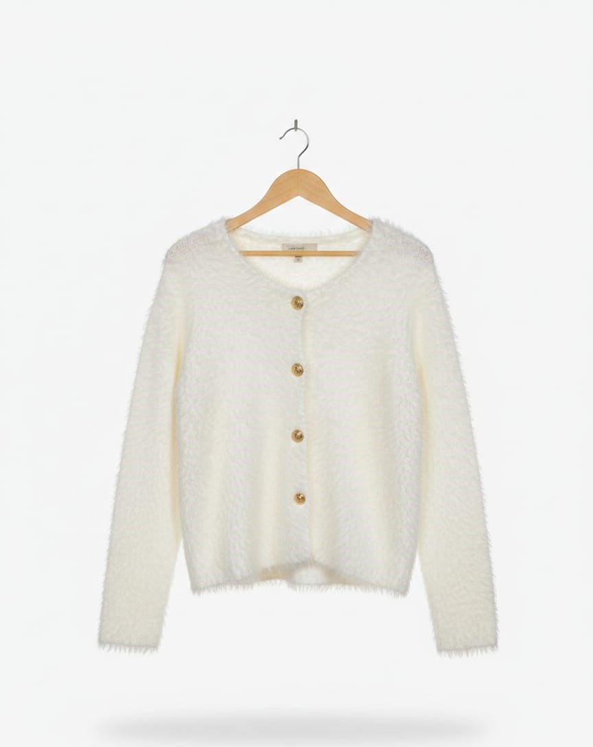 FUZZY WHITE CARDIGAN WITH GOLD ACCENTS |L| BUST 19|