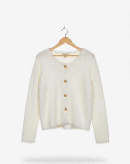 FUZZY WHITE CARDIGAN WITH GOLD ACCENTS |L| BUST 19|