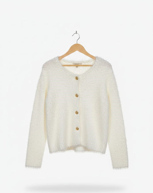 FUZZY WHITE CARDIGAN WITH GOLD ACCENTS |L| BUST 19|