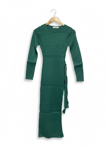 STYLE STATEC|S/M| BUST 12| EMERALD ISLA SIDE-TIE RIBBED MIDI DRESS