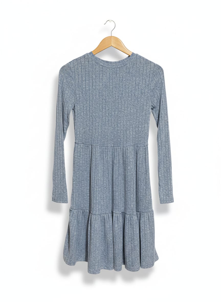 SHEIN |XS| BUST 15| DUSTY BLUE TIERED RIBBED DRESS
