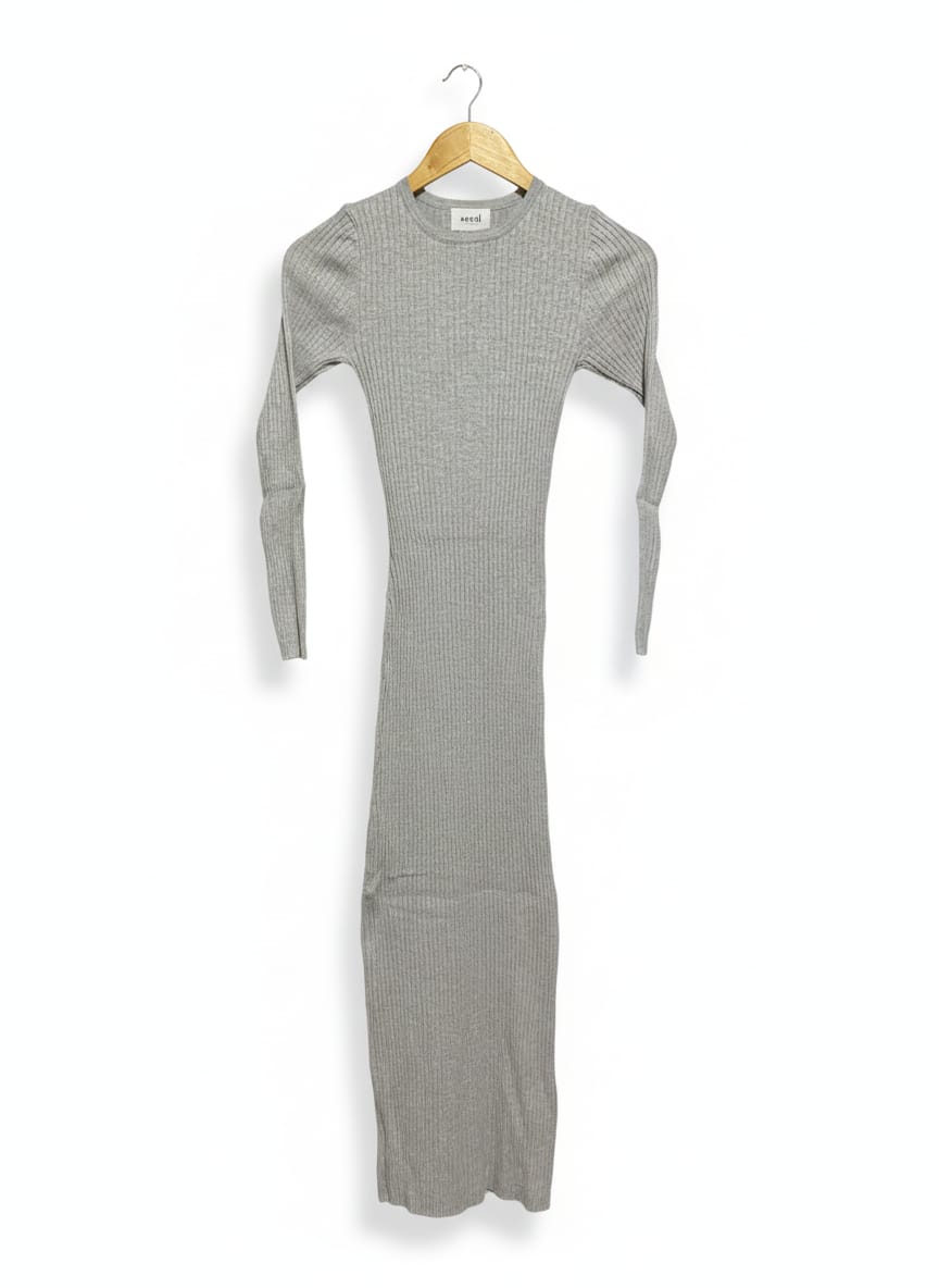 SEED |XS| BUST 11| GREY RIBBED LONG-SLEEVE MAXI DRESS
