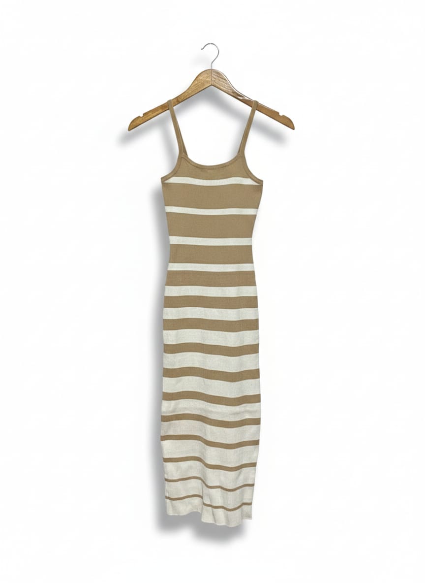 TAN & WHITE STRIPED TANK DRESS |S| BUST 11|