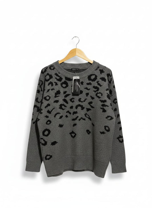 CROSS ROADS |M| BUST 21| GREY LEOPARD PRINT OVERSIZED SWEATER