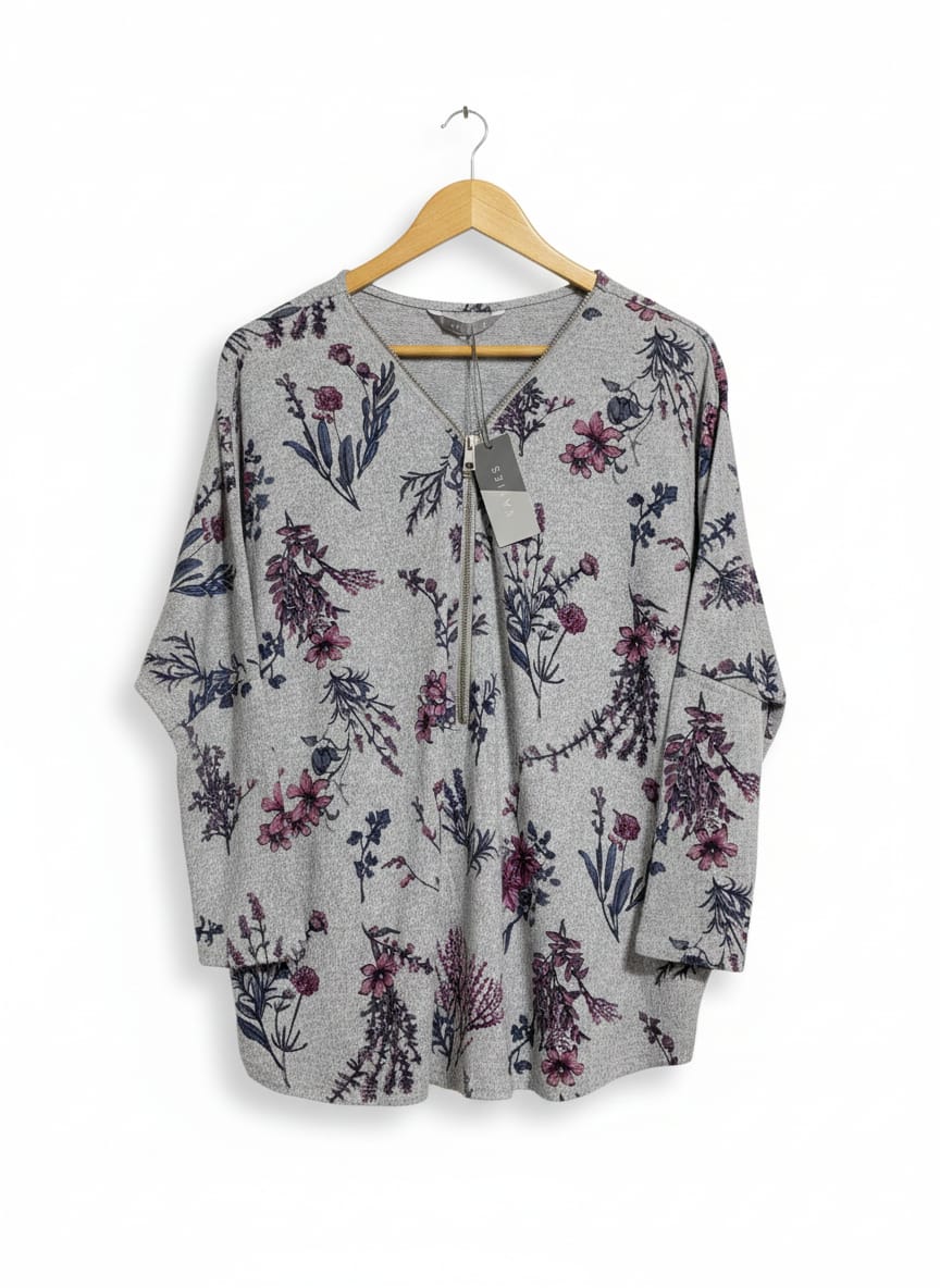 KATIES |S| BUST 26| GREY FLORAL ZIP-FRONT TUNIC TOP