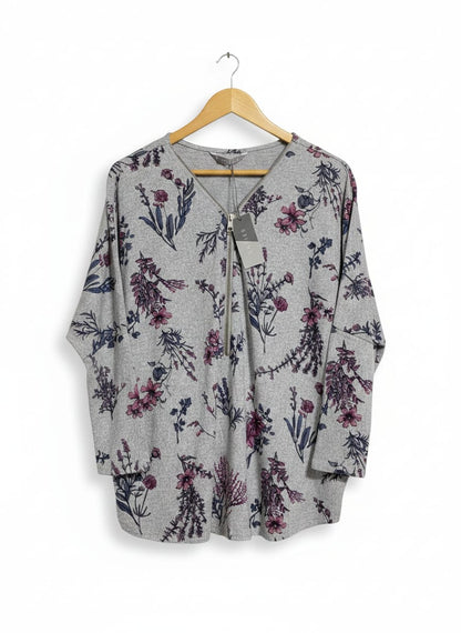 KATIES |S| BUST 26| GREY FLORAL ZIP-FRONT TUNIC TOP