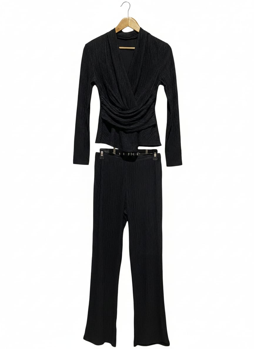 SHEIN |M| BLACK TEXTURED TWO-PIECE SET WRAPPED LONG-SLEEVE TOP AND MATCHING WIDE-LEG TROUSERS