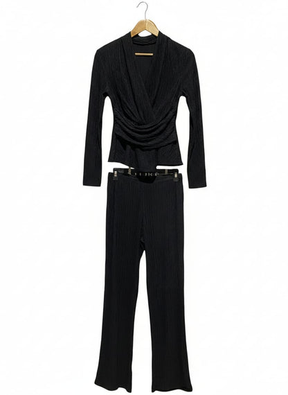 SHEIN |M| BLACK TEXTURED TWO-PIECE SET WRAPPED LONG-SLEEVE TOP AND MATCHING WIDE-LEG TROUSERS