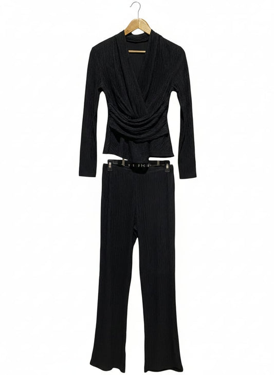 SHEIN |M| BLACK TEXTURED TWO-PIECE SET WRAPPED LONG-SLEEVE TOP AND MATCHING WIDE-LEG TROUSERS