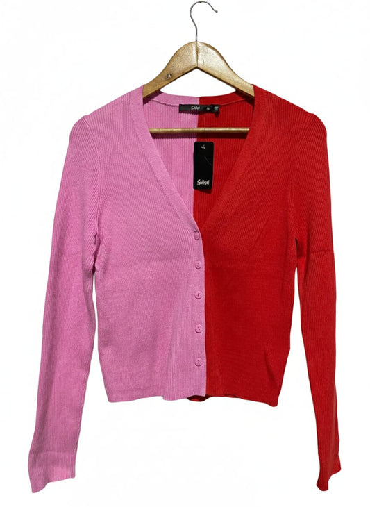 SPORTS GIRL |XL| BUST 16| PINK & RED COLOR-BLOCK CARDIGAN