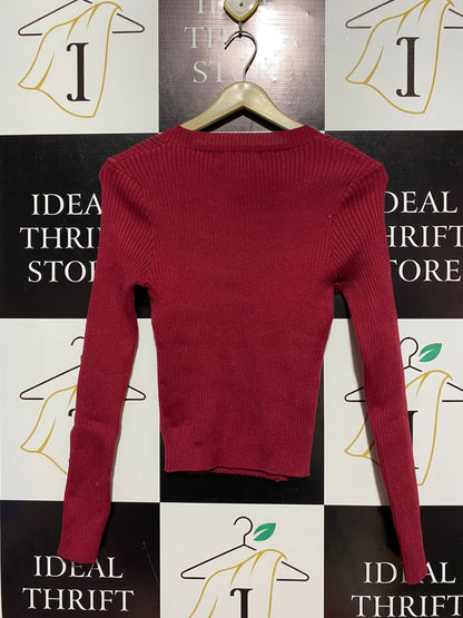 LUTRUDER |S/M| BUST 12| BURGUNDY RIBBED SCOOP NECK LONG SLEEVE