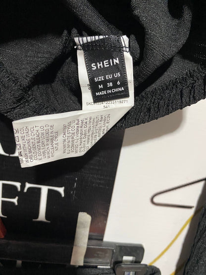 SHEIN |M| BLACK TEXTURED TWO-PIECE SET WRAPPED LONG-SLEEVE TOP AND MATCHING WIDE-LEG TROUSERS