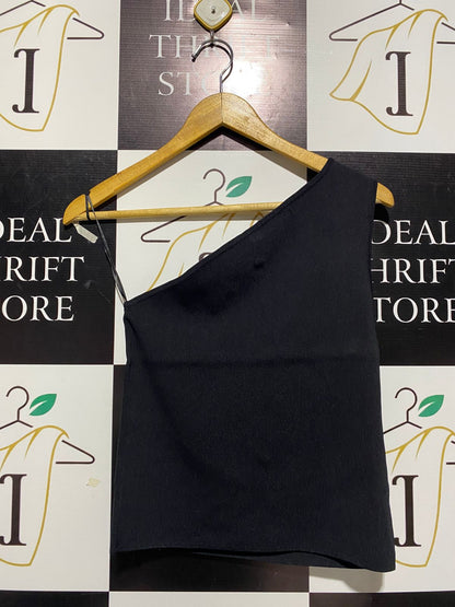 POTMANS |M| BUST 14| BLACK ONE-SHOULDER RIBBED CROP TOP