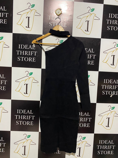 EVER NEW |S| BUST 11| SLEEK BLACK ONE-SHOULDER CHOKER NECK MIDI DRESS