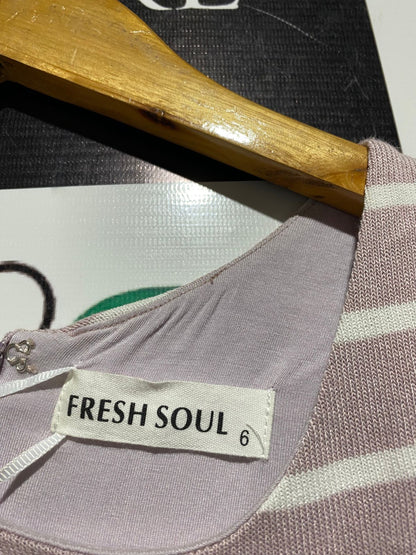 FRESH SOUL |S| BUST 11| MAUVE AND WHITE STRIPED RUCHED BODYCON DRESS