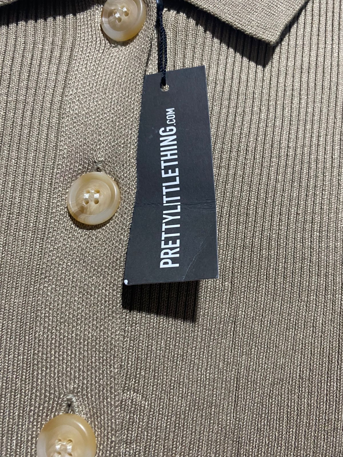 PRETTYLITTLETHING |S| BUST 13| TAUPÉ RIBBED KNIT MAXI DRESS WITH BUTTON-DOWN FRONT