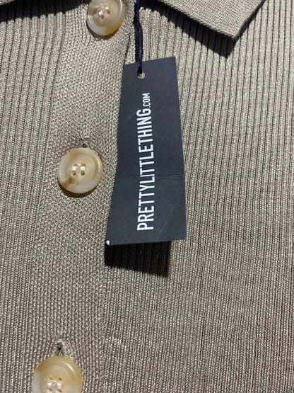 PRETTYLITTLETHING |S| BUST 13| TAUPÉ RIBBED KNIT MAXI DRESS WITH BUTTON-DOWN FRONT