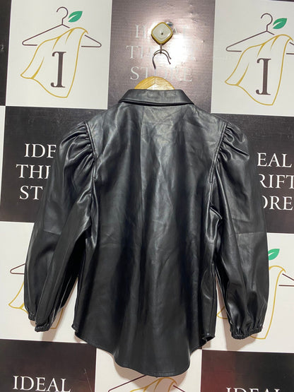 ZARA |XS| BUST 19| EDGY BLACK FAUX LEATHER PUFF SLEEVE BUTTON-UP BLOUSE