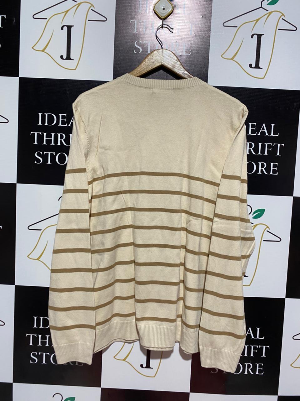 FRENCH CONNECTION |XL| BUXT 22| CREAM AND TAN STRIPED CREWNECK SWEATER