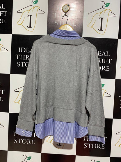 ANKO |XL| BUST 25| GREY V-NECK SWEATER WITH STRIPED SHIRT INSERT