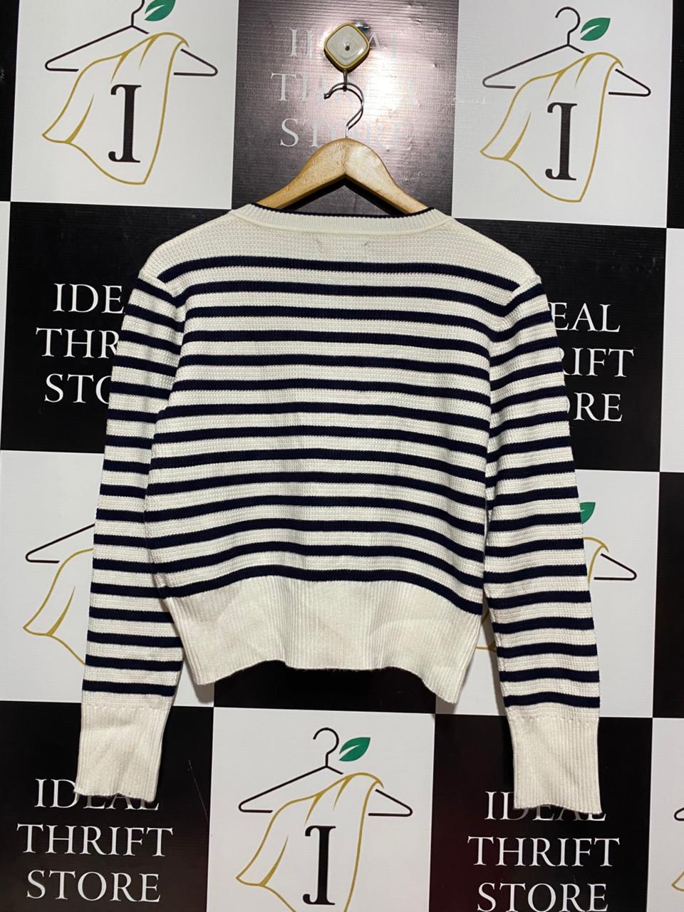 IVY |L| BUST 19| NAVY AND WHITE STRIPED BUTTON-DOWN CARDIGAN