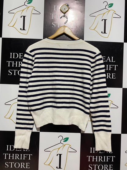 IVY |L| BUST 19| NAVY AND WHITE STRIPED BUTTON-DOWN CARDIGAN