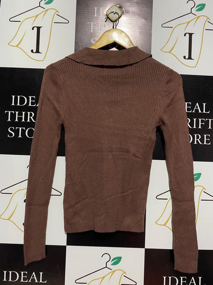 DOTTI |XS| BUST 14| CHOCOLATE BROWN RIBBED POLO TOP
