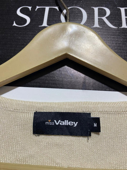 MISS VALLEY |M| BUST 14| CREAM RIBBED TOP WITH SHEER PUFF SLEEVES
