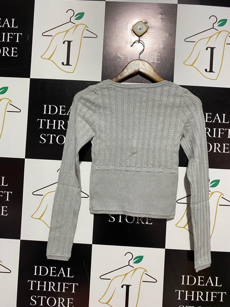 GLASSONS |S| BUST 13|C2|GREY POINTELLE KNIT BUTTON-FRONT TOP