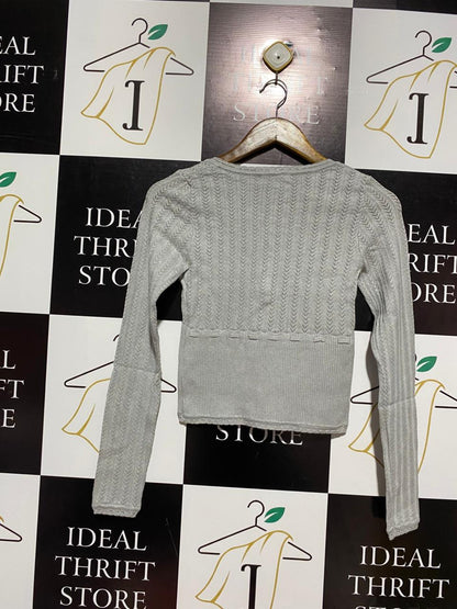 GLASSONS |S| BUST 13|C2|GREY POINTELLE KNIT BUTTON-FRONT TOP