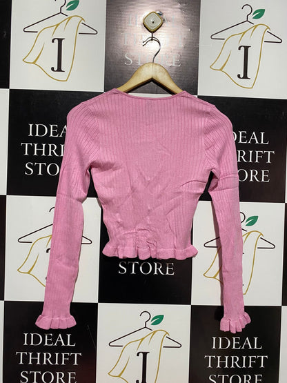 H&M DIVIDED |XS| BUST 13| PINK RUFFLED HEM CARDIGAN