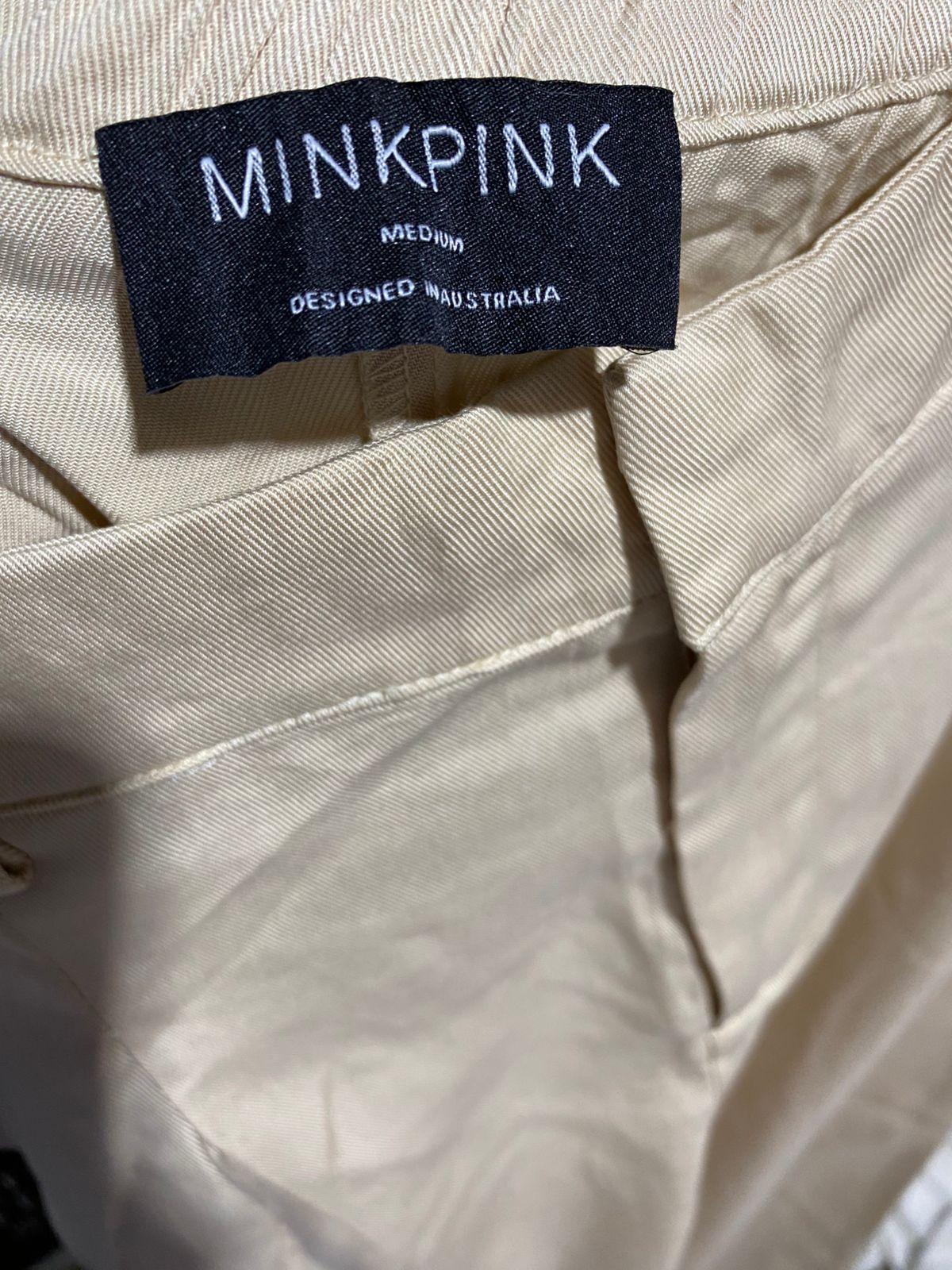 MINKPINK |M| WAIST 30| WOMEN'S HIGH-WAISTED WIDE-LEG PLEATED TROUSERS - KHAKI BEIGE