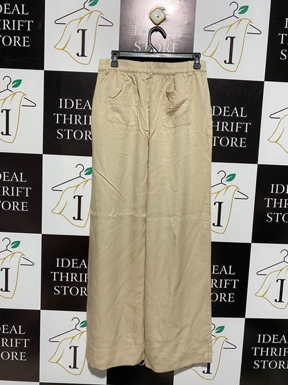 MINKPINK |M| WAIST 30| WOMEN'S HIGH-WAISTED WIDE-LEG PLEATED TROUSERS - KHAKI BEIGE
