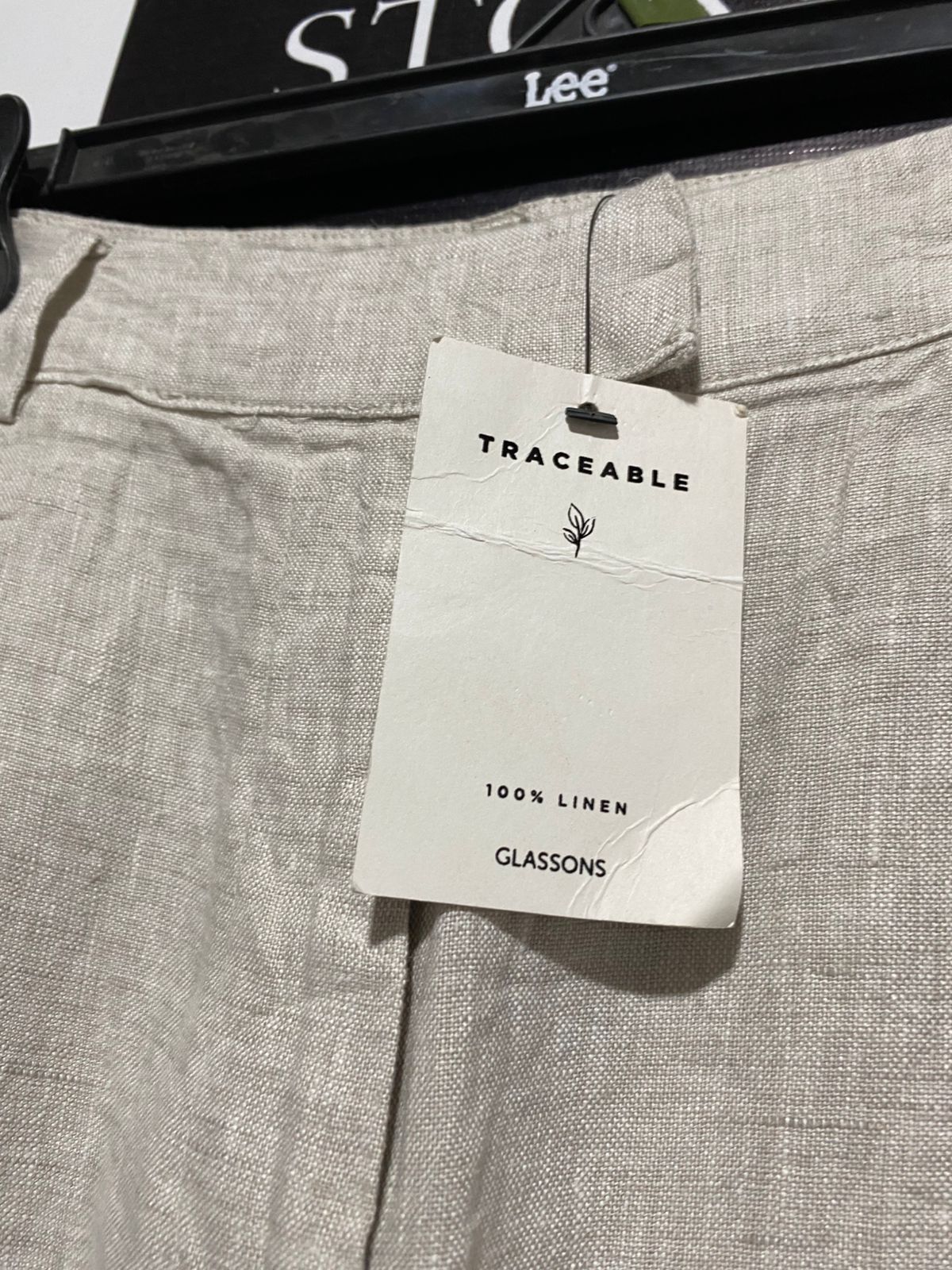 GLASSONS |L| WAIST 32| WOMEN'S HIGH-WAISTED WIDE-LEG LINEN-BLEND TROUSERS - OATMEAL / LIGHT GREIGE