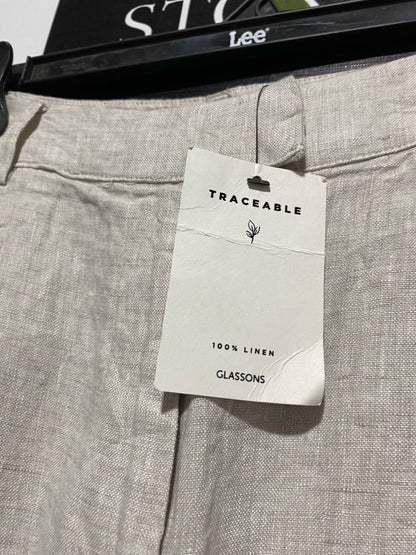 GLASSONS |L| WAIST 32| WOMEN'S HIGH-WAISTED WIDE-LEG LINEN-BLEND TROUSERS - OATMEAL / LIGHT GREIGE