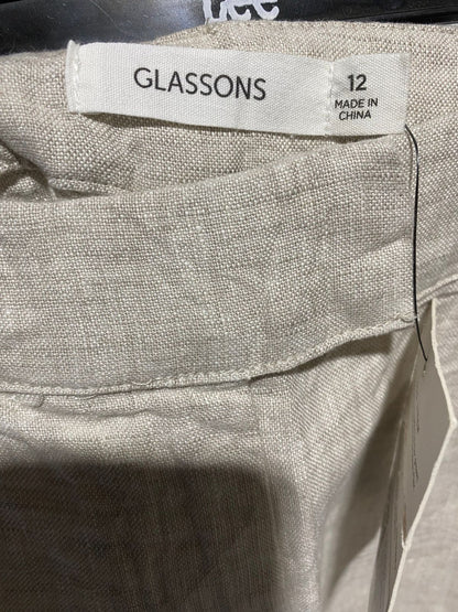 GLASSONS |L| WAIST 32| WOMEN'S HIGH-WAISTED WIDE-LEG LINEN-BLEND TROUSERS - OATMEAL / LIGHT GREIGE