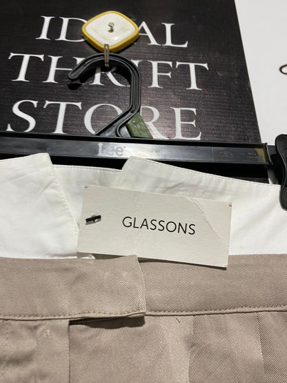 GLASSONS |M| WAIST 26| WOMEN'S HIGH-WAISTED WIDE-LEG PLEATED TROUSERS - KHAKI WITH WHITE CONTRAST WAIST