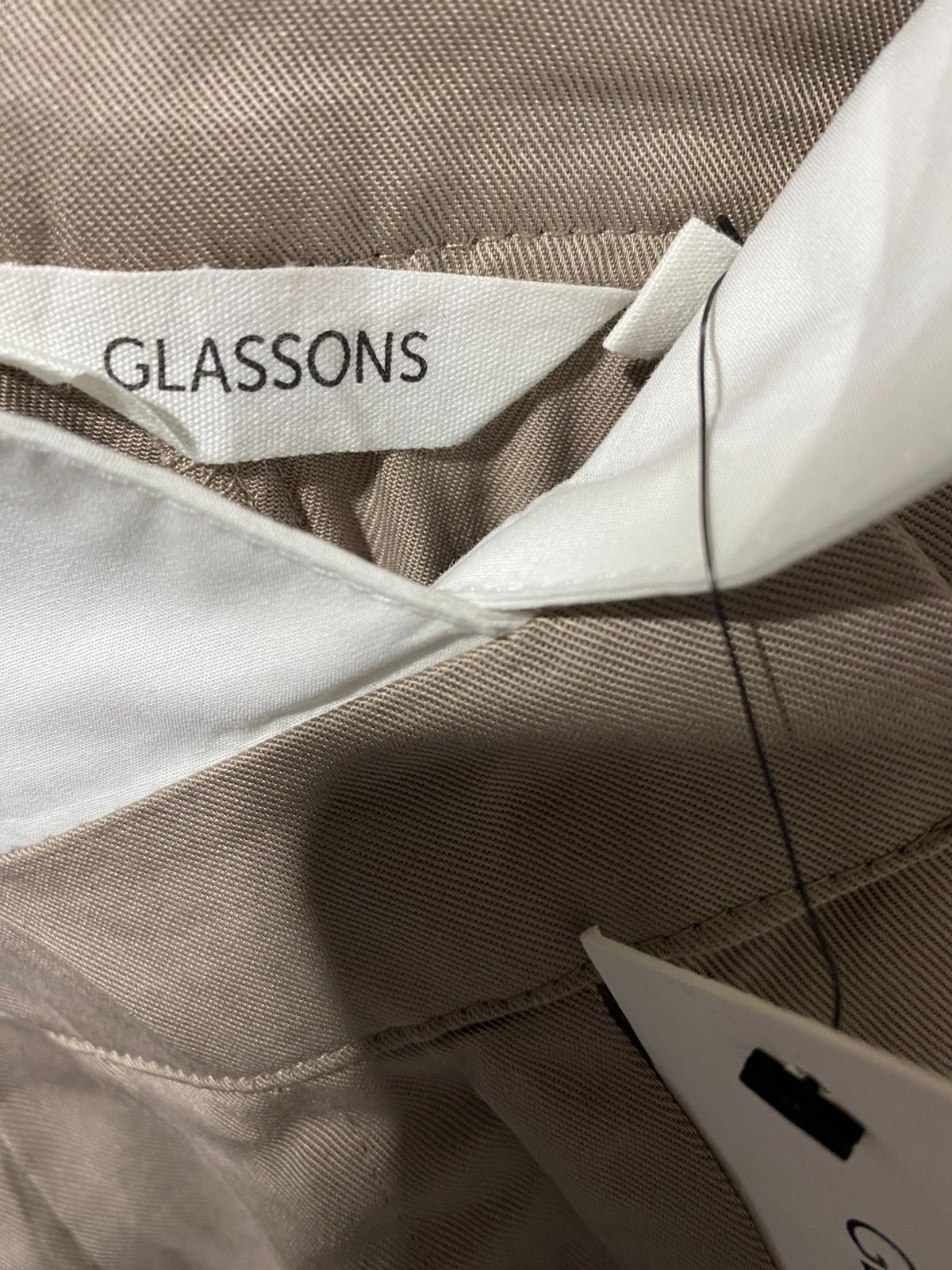 GLASSONS |M| WAIST 26| WOMEN'S HIGH-WAISTED WIDE-LEG PLEATED TROUSERS - KHAKI WITH WHITE CONTRAST WAIST