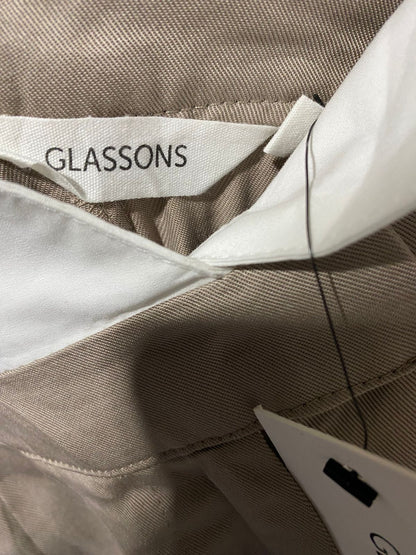 GLASSONS |M| WAIST 26| WOMEN'S HIGH-WAISTED WIDE-LEG PLEATED TROUSERS - KHAKI WITH WHITE CONTRAST WAIST