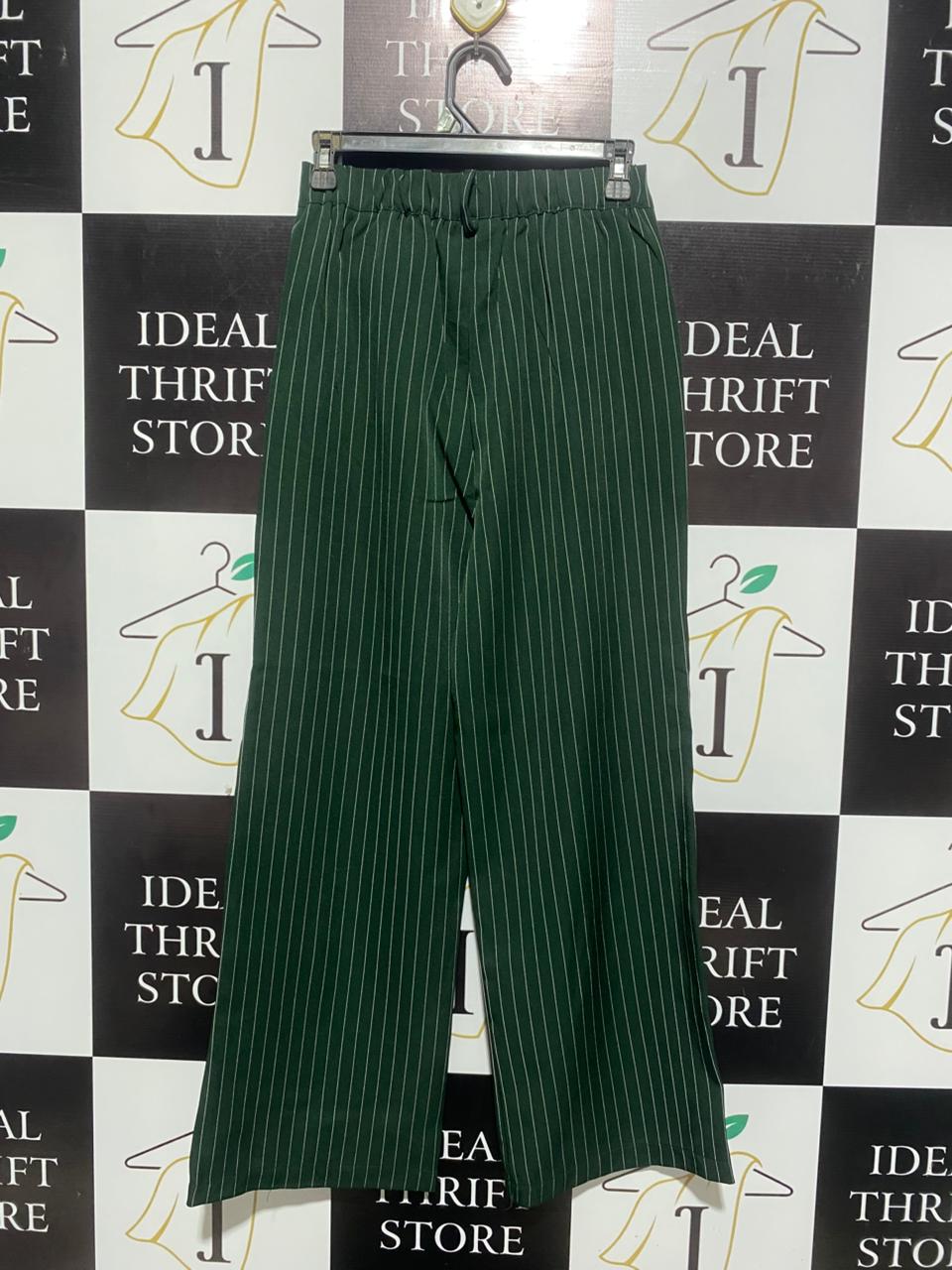 WOMEN'S HIGH-WAISTED WIDE-LEG TROUSERS - HUNTER GREEN PINSTRIPE |XS/S| WAIST 26|