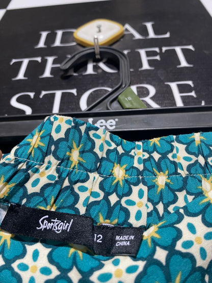 SPORTS GIRL |L| WAIST 32| WOMEN'S PRINTED WIDE-LEG CULOTTE PANTS IN TEAL AND GOLD