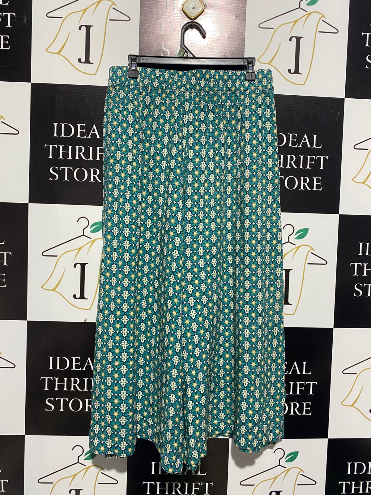 SPORTS GIRL |L| WAIST 32| WOMEN'S PRINTED WIDE-LEG CULOTTE PANTS IN TEAL AND GOLD