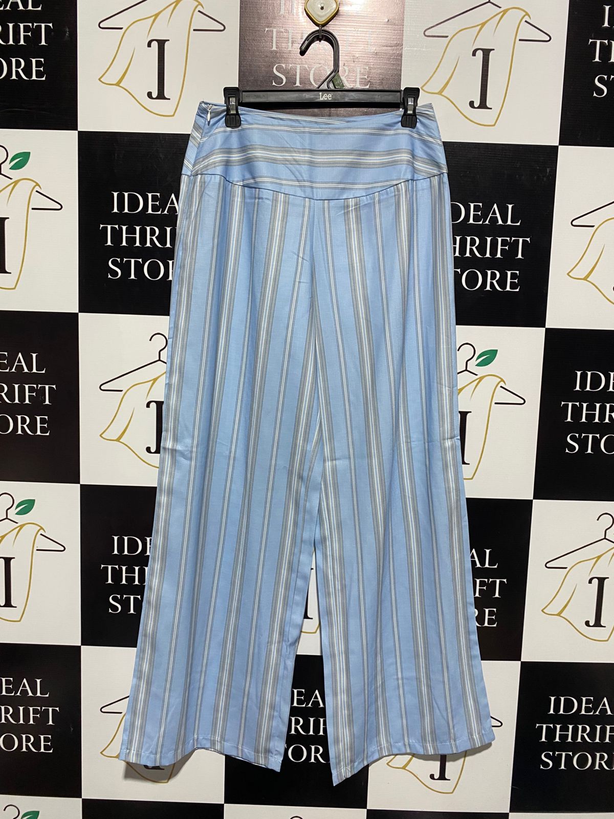 WOMEN'S HIGH-WAISTED VERTICAL STRIPED WIDE-LEG PANTS IN SKY BLUE |M| WAIST 29|
