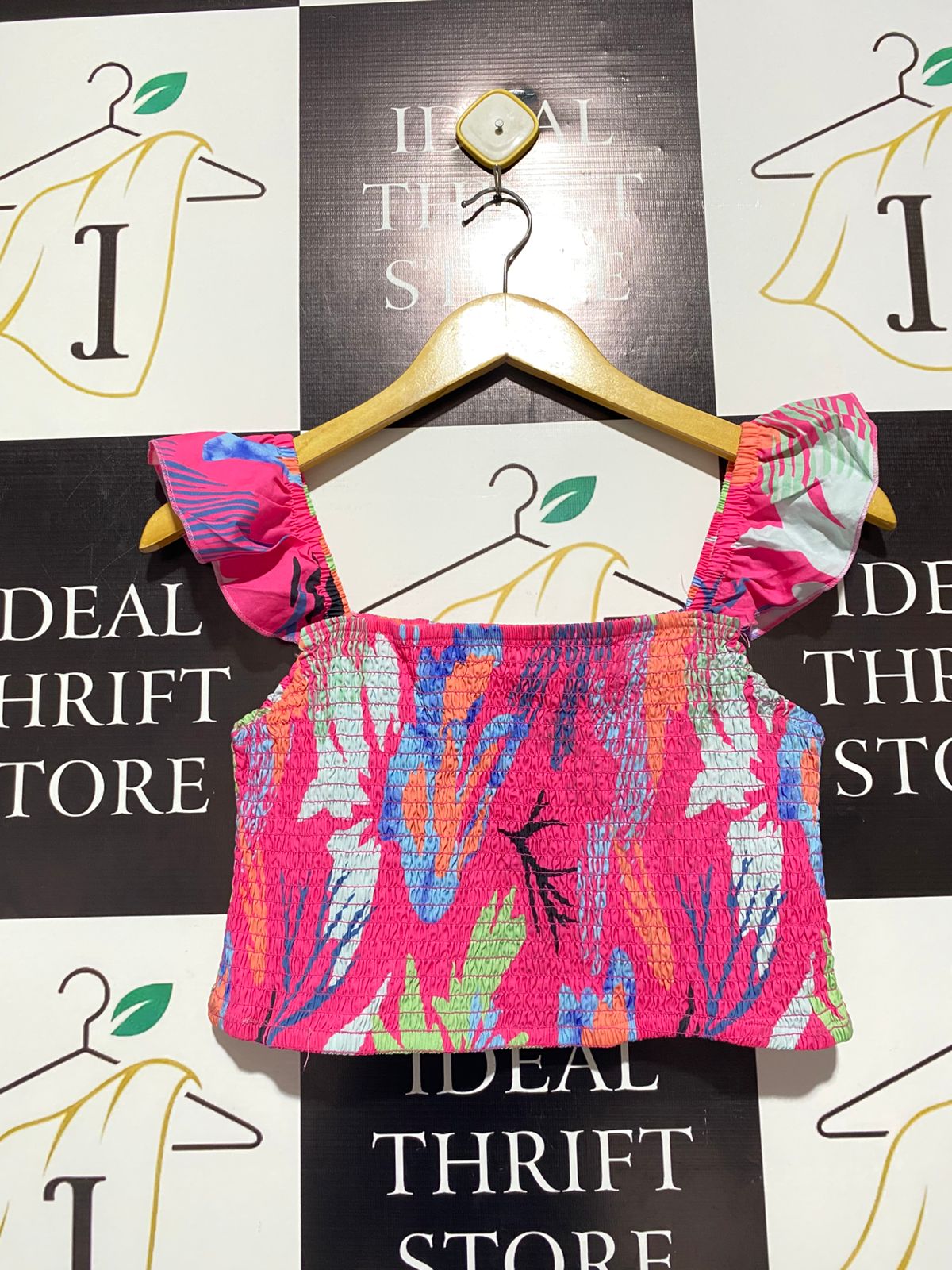 WOMEN'S VIBRANT ABSTRACT SMOCKED CROP TOP |S| BUST 14|