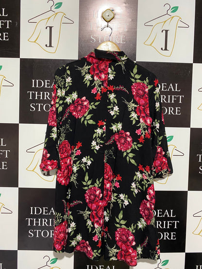 F&F |M| BUST 20|  WOMEN'S VINTAGE FLORAL SHIRT DRESS IN BLACK