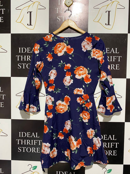 INFLUENCE |M| BUST 18|B12|WOMEN'S FLORAL WRAP MINI DRESS IN NAVY