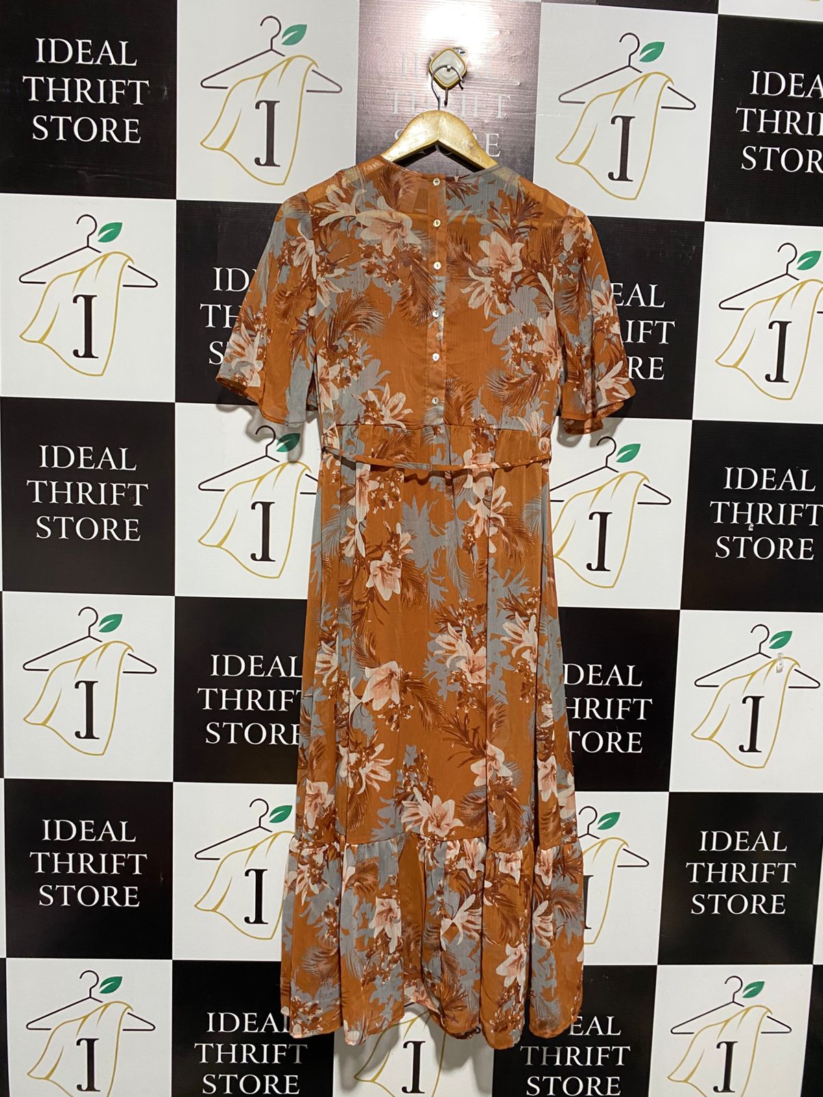 ANKO |M| BUST 17| RUST ORANGE FLORAL PRINT MAXI DRESS WITH WAIST TIE